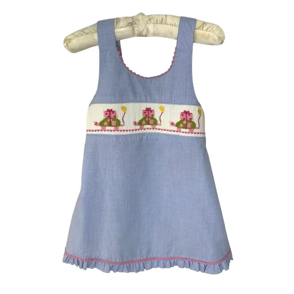 VIVE LA FETE BLUE WHITE TINY GIGHAM CHECK SMOCKED TURTLE BALLOON SUNDRESS Sz 18M
